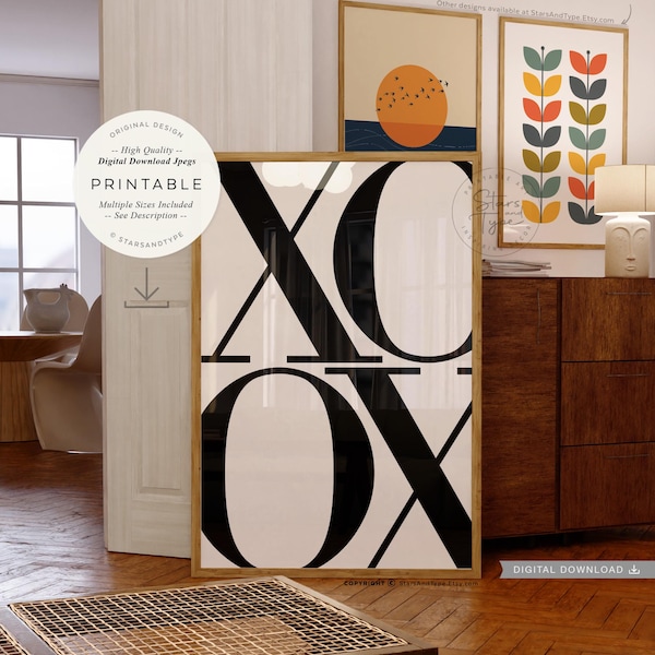 XOXO Kisses Typografie, DRUCKBARE Kunst, X O Schwarz Weiß Dekor, Digitaler DOWNLOAD Druck Jpg