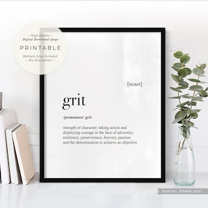 Grit Definition, PRINTABLE Art, Persistence Determination Quote, Dictionary Meaning, Home Office Desk Wall Sign, Digital DOWNLOAD Print Jpg