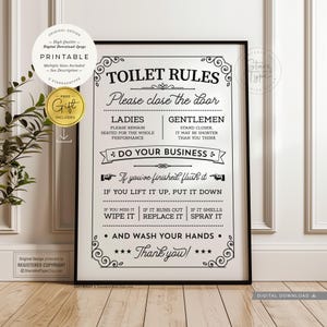 Reglas del baño, Arte de pared imprimible, Decoración de baño vintage sobre el inodoro, Descarga digital, Impresión Jpg