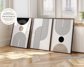 Geometric Arches, PRINTABLES Set of 3, Black White Beige Neutral Rainbows Art Decor, Digital DOWNLOAD Print Jpgs