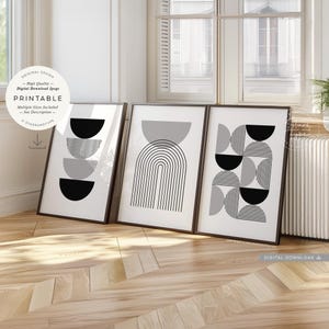 Black Gray Geometric Shapes, PRINTABLES Set of 3, Semi Circles Arch, Mid Century Modern Art Decor, Digital DOWNLOAD Print Jpgs