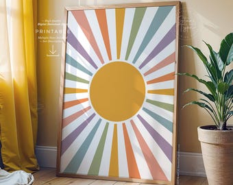 レトロな太陽、印刷可能な壁アート、落ち着いた虹色の太陽光線の装飾、デジタルダウンロード印刷Jpg