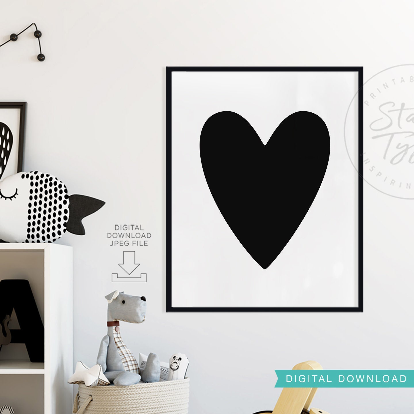 Black Heart PRINTABLE Wall Art Kids Bedroom Playroom Nursery Etsy
