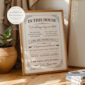 Family House Home Rules, PRINTABLE Wall Art, In This House We Love, We Are Kind, Living Room Decor, Digital DOWNLOAD Print Jpg