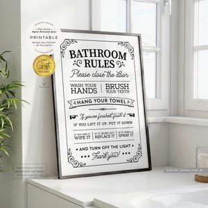 Bathroom Rules, PRINTABLE Wall Art, Fun Vintage Toilet Decor, Digital DOWNLOAD Print Jpg