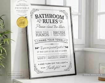 Bathroom Rules, PRINTABLE Wall Art, Fun Vintage Toilet Decor, Digital DOWNLOAD Print Jpg