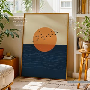 Flying Birds PRINTABLE Art, Flock Of Birds Over Sunset Sea, Boho Minimalist Wall Decor, Digital DOWNLOAD Print Jpg