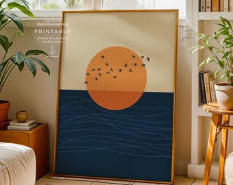 Vliegende vogels AFDRUKBARE kunst, zwerm vogels over zon, digitale DOWNLOAD Print Jpg