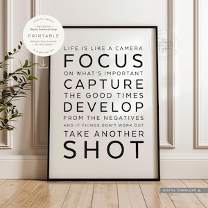 May include: Black framed print with the text "LIFE IS LIKE A CAMERA FOCUS ON WHAT'S IMPORTANT CAPTURE THE GOOD TIMES DEVELOP FROM THE NEGATIVES AND IF THINGS DON'T WORK OUT TAKE ANOTHER SHOT". Includes "DIGITAL DOWNLOAD" text.
