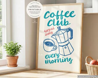 コーヒー クラブの印刷可能なアート、レトロな手描きのキッチンの引用、デジタルダウンロードプリント JPG