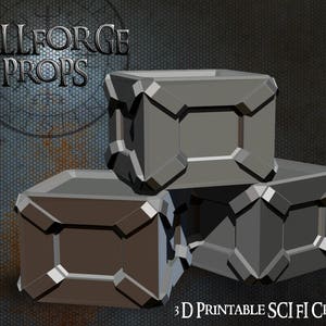 Peut inclure: Trois caisses de science-fiction gris 3D imprimables avec une surface texturée. Les caisses sont empilées les unes sur les autres. L'image est intitulée "Hellforge Props 3D Printable Sci-Fi Crate".