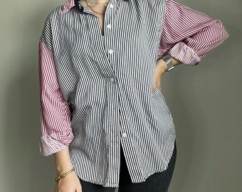 Vintage LizSport Colorblock Striped Long Sleeve Button Up Shirt Size Small