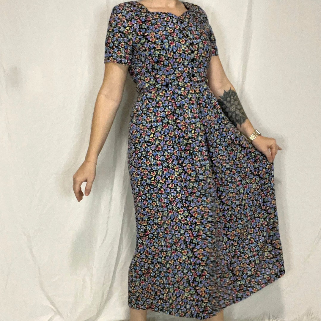 Vintage 90s ‘Erica & Co’ Black Denim Embroidered Maxi Summer Dress 12 14