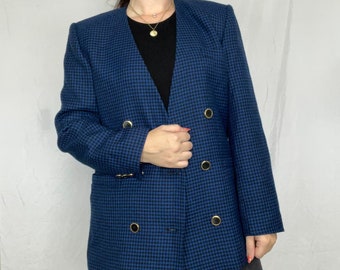 Vintage 1980s Gloria Vanderbilt Suits Blue and Black Houndstooth Blazer