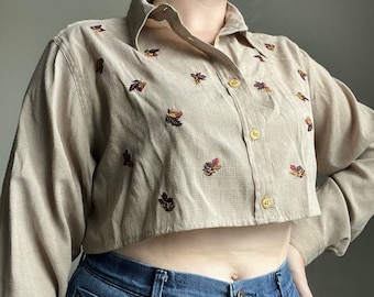 Vintage Cropped S. Classics Button Up Shirt with Fall Leaf Embroidery