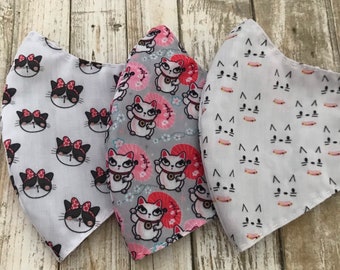 NEW!! Cute Cat Face Mask-Machine washable cotton fabric- Two layer mask- Handmade in Canada-Reusable-Comfortable mask