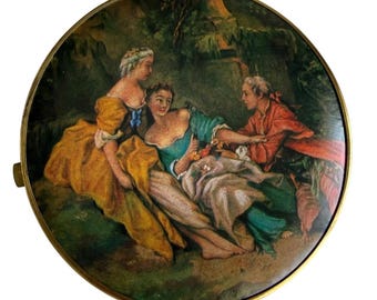 Vintage Western Germany Fragonard Pastoral Scene Gold Tone Dual Compact Mirror