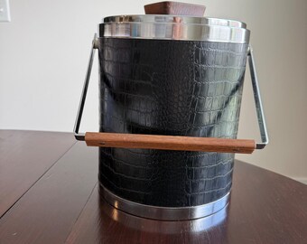 Vintage MCM Black Croc Embossed Ice Bucket Chrome Wood Handle Mid Century Modern