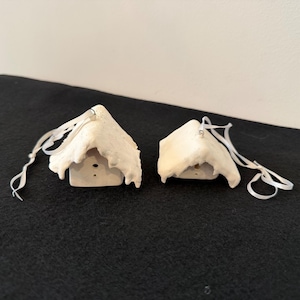 May include: Two off-white, miniature house ornaments with textured roofs and small openings. Each ornament has a white ribbon for hanging. The houses are set against a dark background.