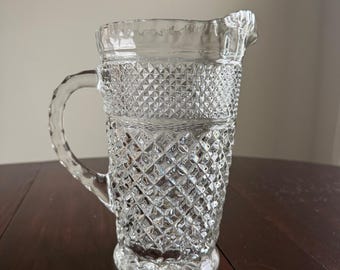 Vintage Clear Pressed Glass Diamond Point Pitcher Scalloped Rim Sunburst Base