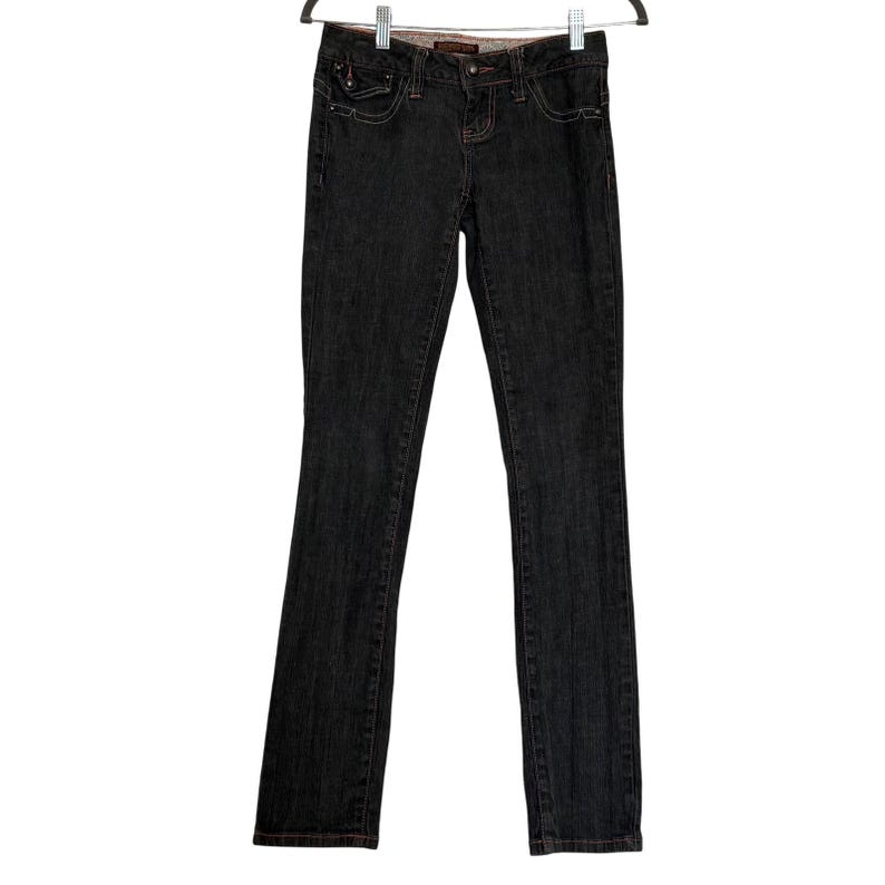 Evisu Women's Jeans Size 3 Dark Wash Slim Straight Y2K Button Flap Pockets immagine 2