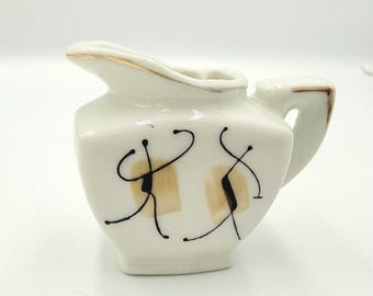 Vintage Mid Century Modern Ceramic Creamer Pitcher Stick Figure Gold Rim White