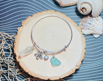 Blue Sea Glass and Flower Charm Bracelet