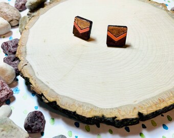 Coral and Copper Chevron Wood Stud Earrings