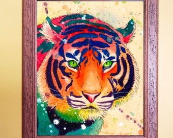 Watercolour on Wood Rainbow Tiger Print