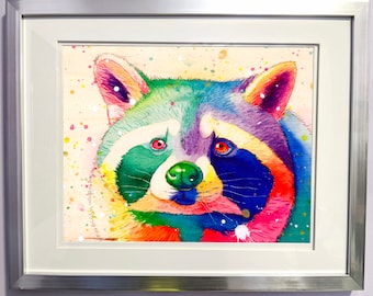 Watercolour on Wood Rainbow Raccoon Print