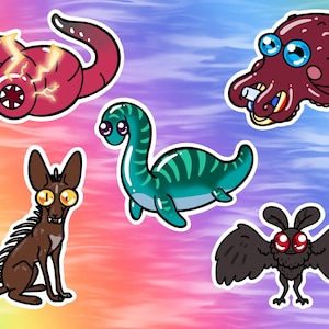Autocollants / décalcomanies en vinyle Cryptids: Chupacabra, Kraken, Ver de la mort mongol, Mothman, Loch Ness Monster Nessie Individus et ensembles