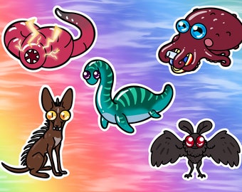 Cryptids Vinyl Stickers: Chupacabra, Kraken, Mongolian Death Worm, Mothman, Loch Ness Monster Nessie