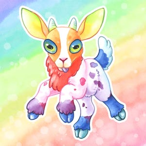 May include: A whimsical watercolor illustration of a colorful goat-like creature. The animal features large blue eyes, orange and white fur, and a red mane. Its body is a mix of pink, purple, and blue with pink spots, set against a rainbow background.