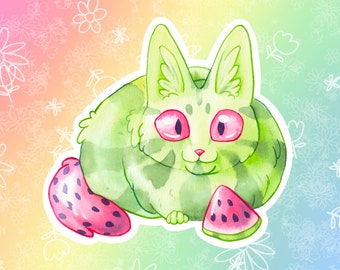 Rainbow Watercolor Style Watermelon Cat Vinyl Sticker/Decal