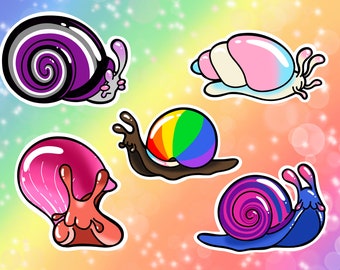 Pride Snails Vinyl Stickers/Decals: Ace, Bi, Gay/LGBT+, Lesbian, and Trans Snails Individuals and Sets