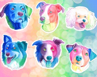 Rainbow Dogs Australian Shepherd, APBT, Border Collie, Jack Russell Terrier, Labrador, and Poodle Vinly Stickers Invidiviuals and Set