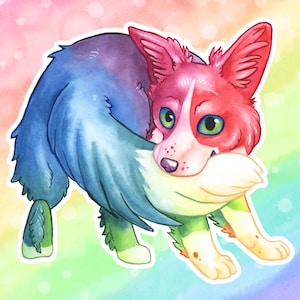 May include: A watercolour illustration of a dog in rainbow colours. The dog's fur transitions from pink to blue, with green and yellow accents. The dog is playfully biting its tail, set against a pastel rainbow background.