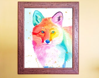 Watercolour Rainbow Red Fox Print