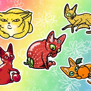 La conception prend sa retraite ! - Stickers/autocollants en vinyle Fruit Cats : banane, citron, orange, grenade et fraise individuels et ensembles