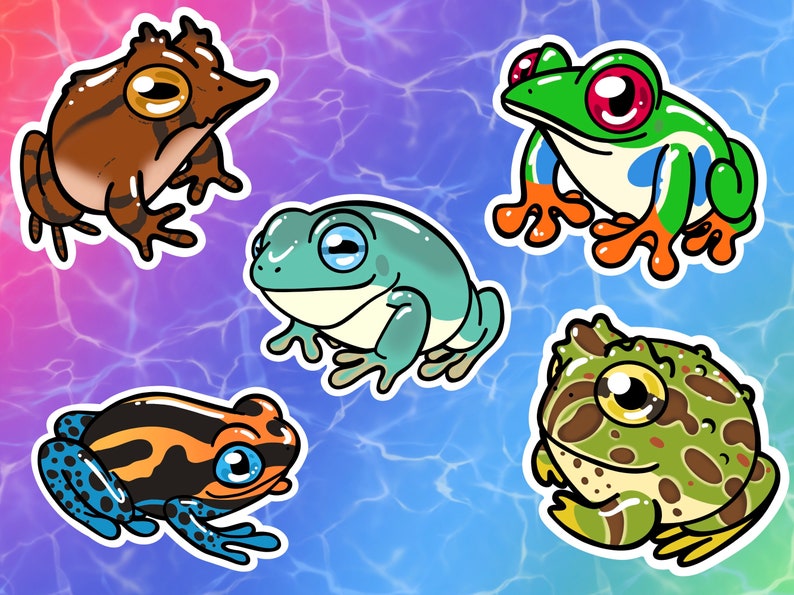 Frogs Vinyl Stickers/Decals: White's Tree Frog, Poison Dart Frog, Red-Eyed Frog, Horned Frog, Solomon Island Leaf Frog 2022 Full Set (5 Total)