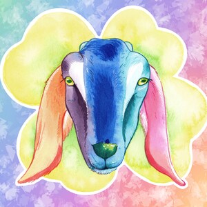 La conception prend sa retraite ! -Autocollant/autocollant vinyle chèvre de Nubie porte-bonheur style aquarelle arc-en-ciel
