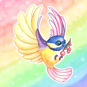 Autocollants en vinyle aquarelle arc-en-ciel avec mésange noire