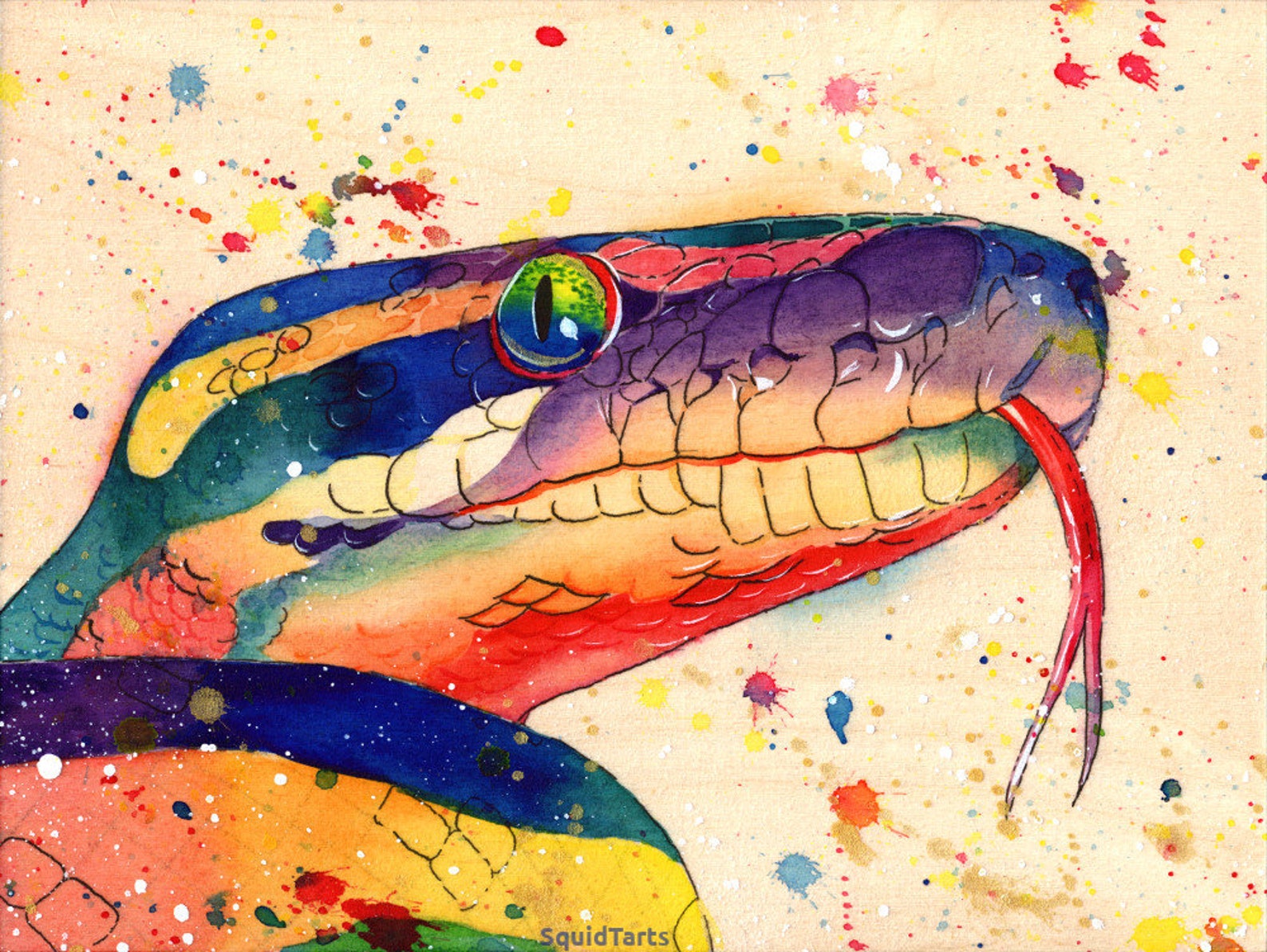 Watercolour on Wood Rainbow Ball Python Snake Print | Etsy