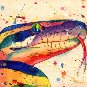 Watercolour on Wood Rainbow Ball Python Snake Print