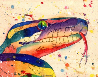 Watercolour on Wood Rainbow Ball Python Snake Print