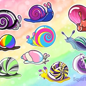 Stickers escargots Pride Snails : Agender, asexué, bi, gay, genderqueer, lesbienne, non binaire, panoramique, trans, LGBTQ+