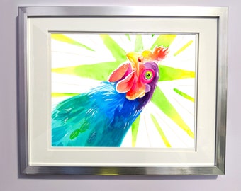 Watercolour Rainbow Rooster Chicken Print
