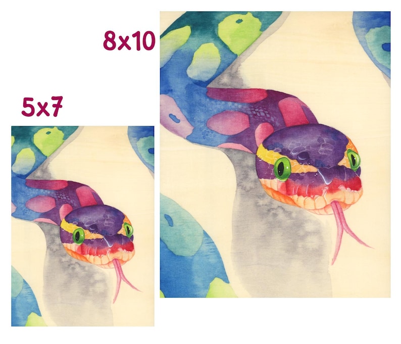 Peut inclure: Peinture &agrave; l'aquarelle d'un serpent avec une t&ecirc;te violette, des yeux verts et une langue rose. Le corps du serpent est bleu avec des taches roses et vertes. L'&oelig;uvre est disponible en formats 12,7x17,8 cm et 20,3x25,4 cm.