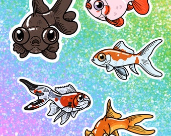 May include: Five colorful goldfish stickers with white outlines. The goldfish are in various poses and have different colored scales. The stickers are on a sparkly background.