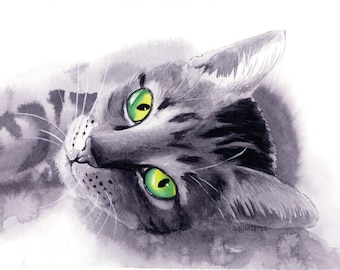 Aquarelle noir et blanc chat tigré fixement imprimé vert